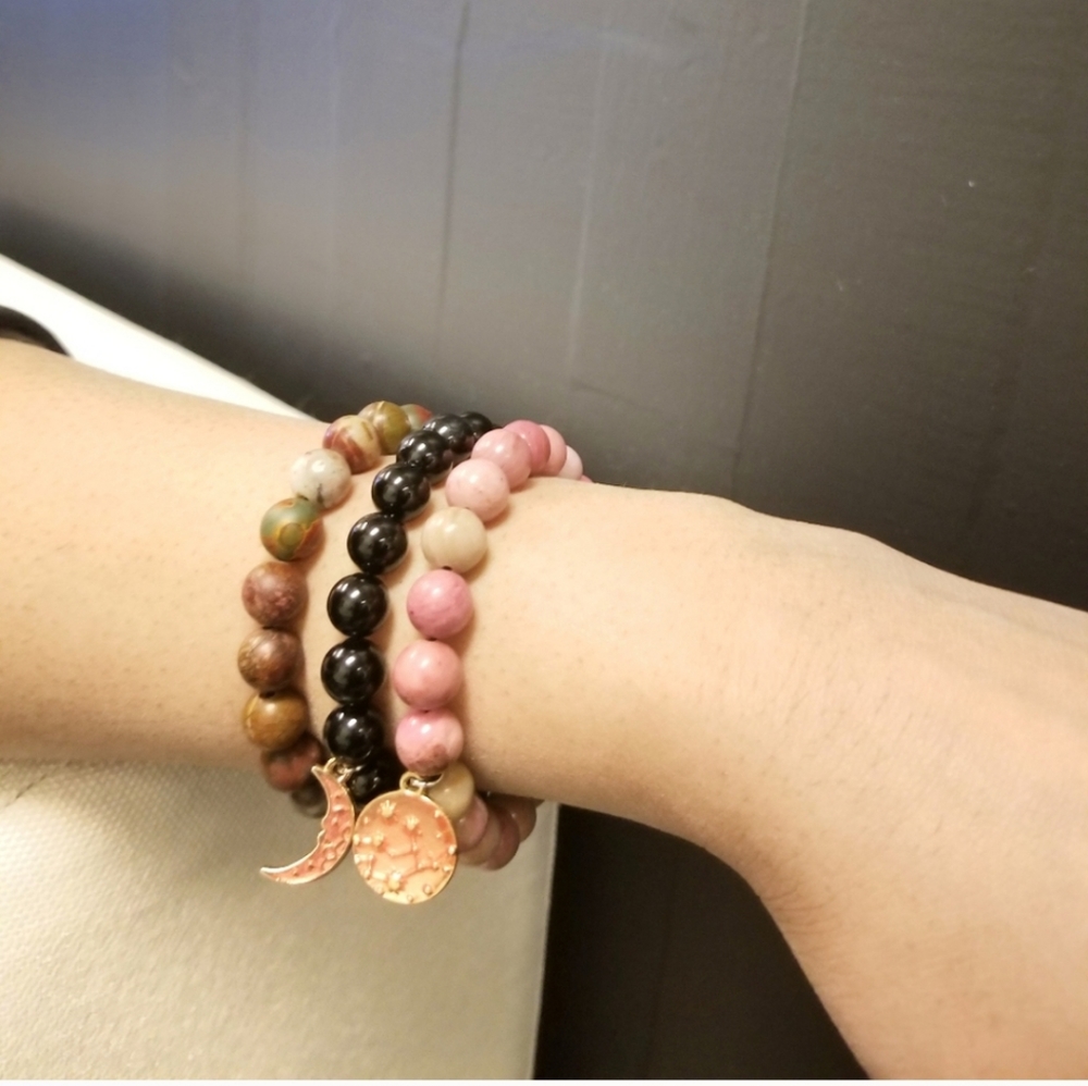 Pink Carnelian Black Onix Triple Beaded Bracelets